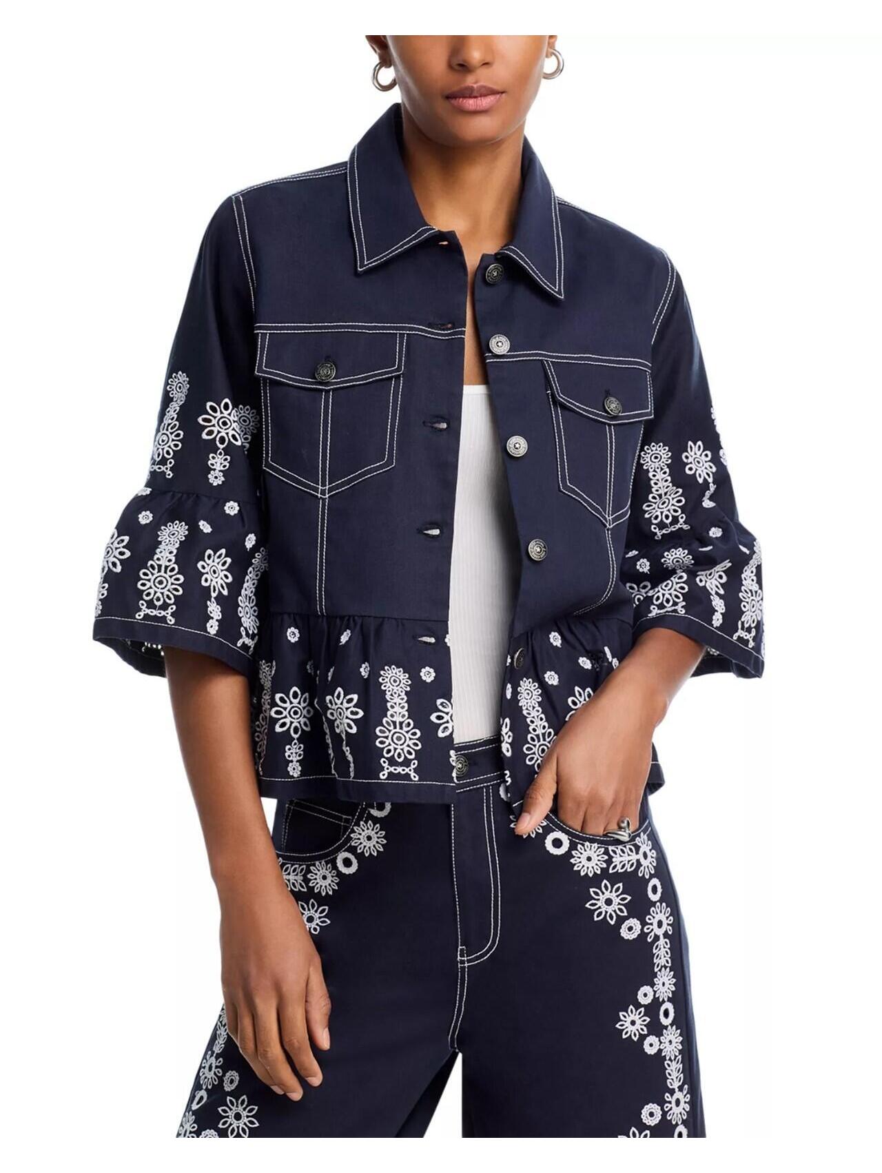 495$ Cinq Sept Mazie Eyelet Mandie Denim Jacket Size M Navy Blue White
